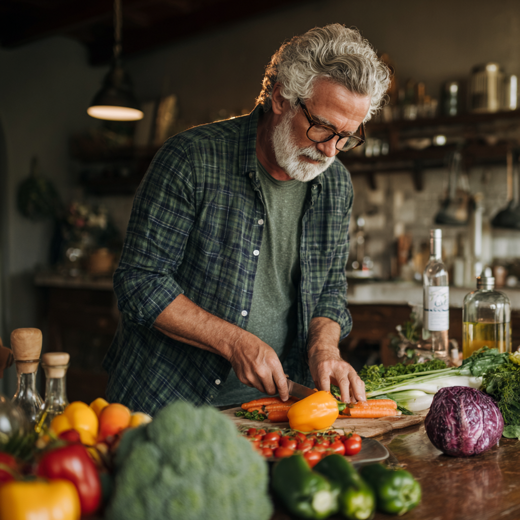 Middle-aged adult preparing a balanced healthy meal with fresh vegetables