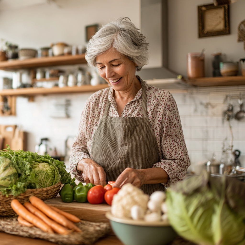 Older adult organizing fresh produce in a bright kitchen